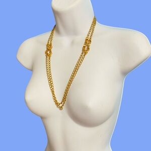 Vintage Gold Tone Textured Decor Chain Link Over-The-Head Necklace